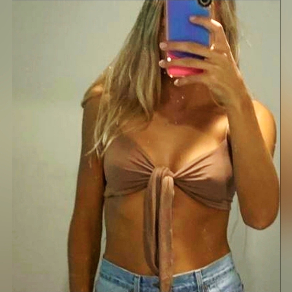 Joah Brown Front Tie Corded Crop Top /  Bra Bralette W Bow Shoulder Ties - Picture 2 of 11